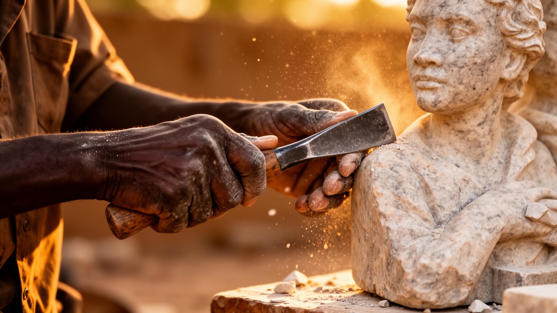 De handen van een Shona-meester die met hamer en beitel een sculptuur uithoudt